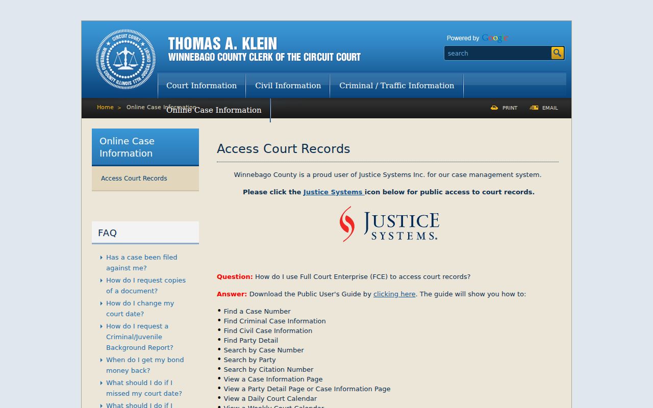 Winnebago County criminal court record access page