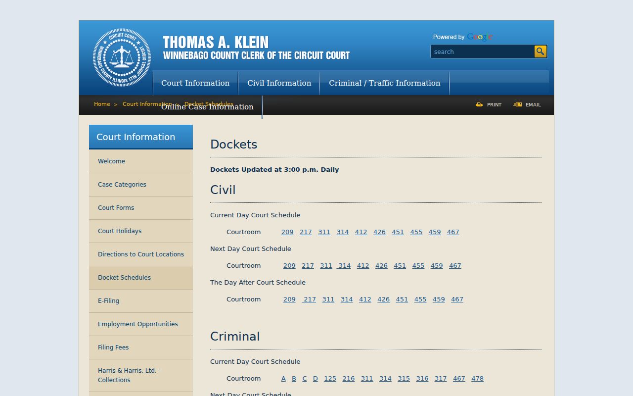 Winnebago County criminal court daily and weekly dockets