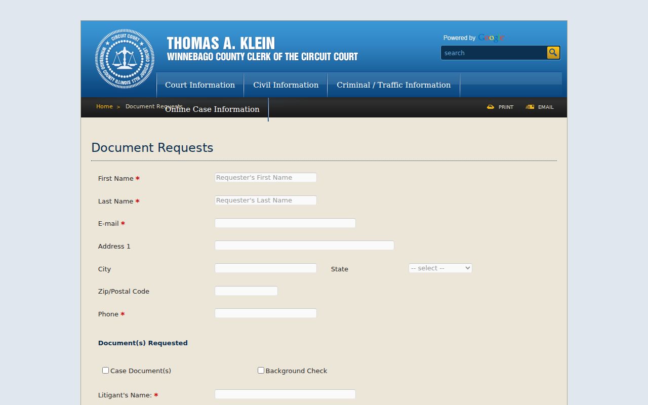 Winnebago County criminal court document request page