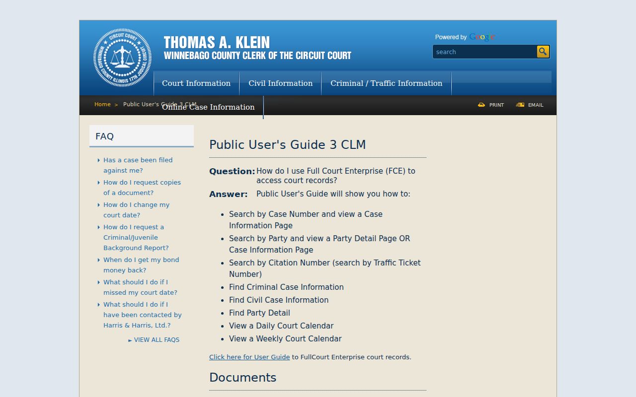 Winnebago County criminal case FullCourt public user guide